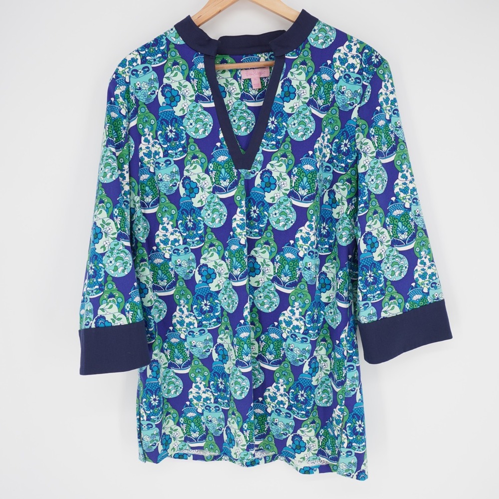 Lilly Pulitzer Cotton Sateen Tunic Top Womens XL Blue Asian Print V Neck Stretch